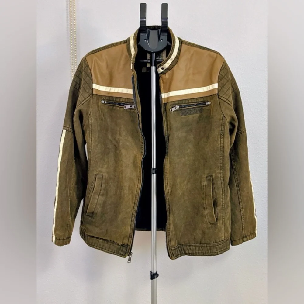 Bleu Grandeur Moto Jacket Mens XL Brown Distressed Faux Leather Racing Stripe